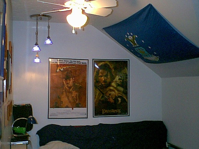 Room interior with Indiana Jones and Lord of the Rings posters, a ceiling fan, and a blue flag on the ceiling