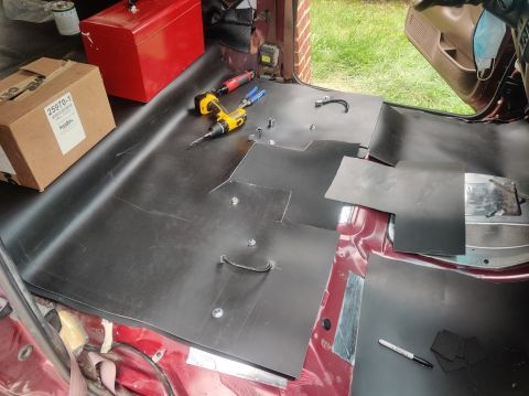 1996 Ford Bronco - 20200821 - Much easier to drill holes and cut holes through the CCF and vinyl one layer at a time, rather than both at the same time. Also…