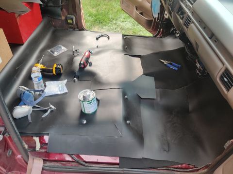 1996 Ford Bronco - 20200821 - Putting MLV on this one elevated place under the center console took forever. Lots of cutting, cementing, and force and pressure…