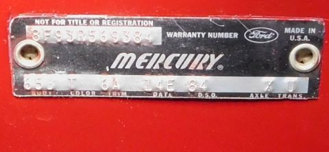 1968 Mercury Cougar - Door Tag