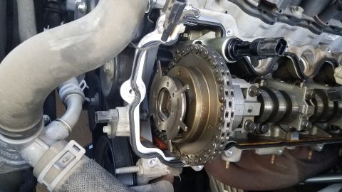 2005 Ford Mustang - Close-up view of an engine's timing chain and camshaft components.