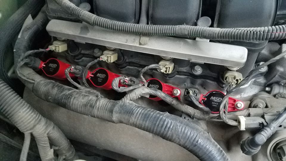 MSD ignition coils installed on an engine