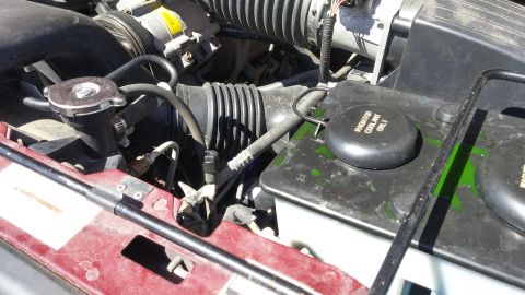 1996 Ford Bronco - Close-up view of a vehicle's engine bay, showing coolant and various engine components.