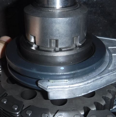 1992 Ford Bronco - What the cog position relative to spring-loaded puck should look like if the shaft sat high enough to level the chain.