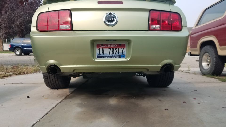 Green 2005 Ford Mustang GT rear view with Idaho license plate 1A 782LY