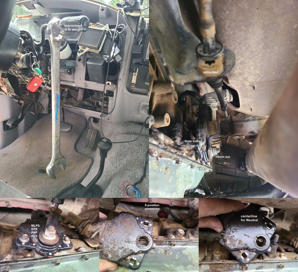 Four-panel photo of transmission range sensor (MLPS) removal with labeled bolts and switch