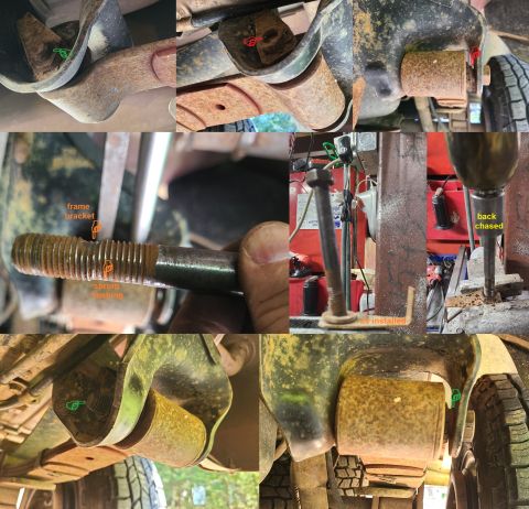 1997 Ford F-250 - The front bolt for the LHR leaf spring was installed wrong at the factory, so I removed it, cleaned up the threads, and installed it correc…
