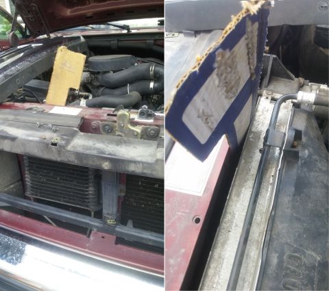 1996 Ford Bronco - Makeshift repairs are visible in the engine bay, with cardboard used to cover a section of the radiator.