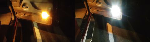1996 Ford Bronco - This photo shows a comparison of a car's interior door light, illustrating the difference between a standard bulb and an upgraded LED.