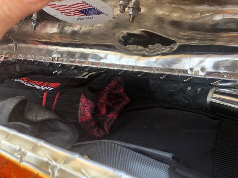1992 Jeep Wrangler - Toolbox interior with various tools and an American flag sticker visible.