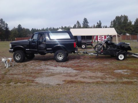 1995 Ford Bronco - A black 1995 Ford Bronco is seen from the side, towing a motorcycle on a trailer, with a dog standing nearby.