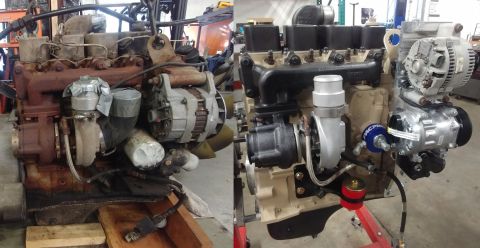 1996 Ford Bronco - Comparison of a worn-out diesel engine next to a freshly rebuilt unit with new components.