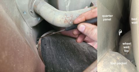 1997 Ford F-250 - Gravel collects between the quarter panel & wheelwell top reinforcement, causing rust to blister out along the wheel arch. It must be picke…