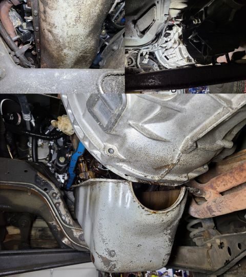 1995 Ford F-150 - With the engine & transmission lifted a few inches, the 4.9L's pan can barely come out (assuming the body mounts are good, and the cab is c…