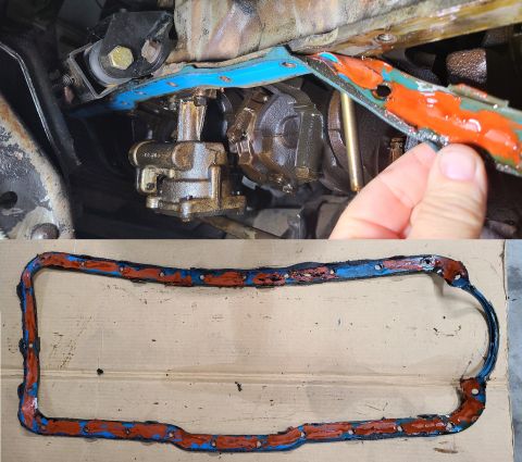 1995 Ford F-150 - This replacement oil pan gasket was in bad shape, not installed well (possibly re-used), leaking, and coming out. IF THE IMAGE IS TOO SMALL…