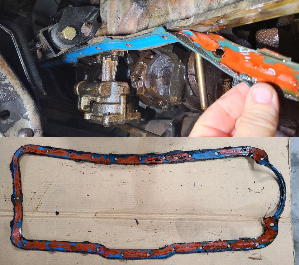 This replacement oil pan gasket was in bad shape, not installed well (possibly re-used), leaking, and coming out.
IF THE IMAGE IS TOO SMALL, click it.