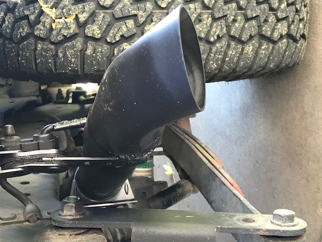 Black exhaust tip on a vehicle, near the rear tire and leaf springs.