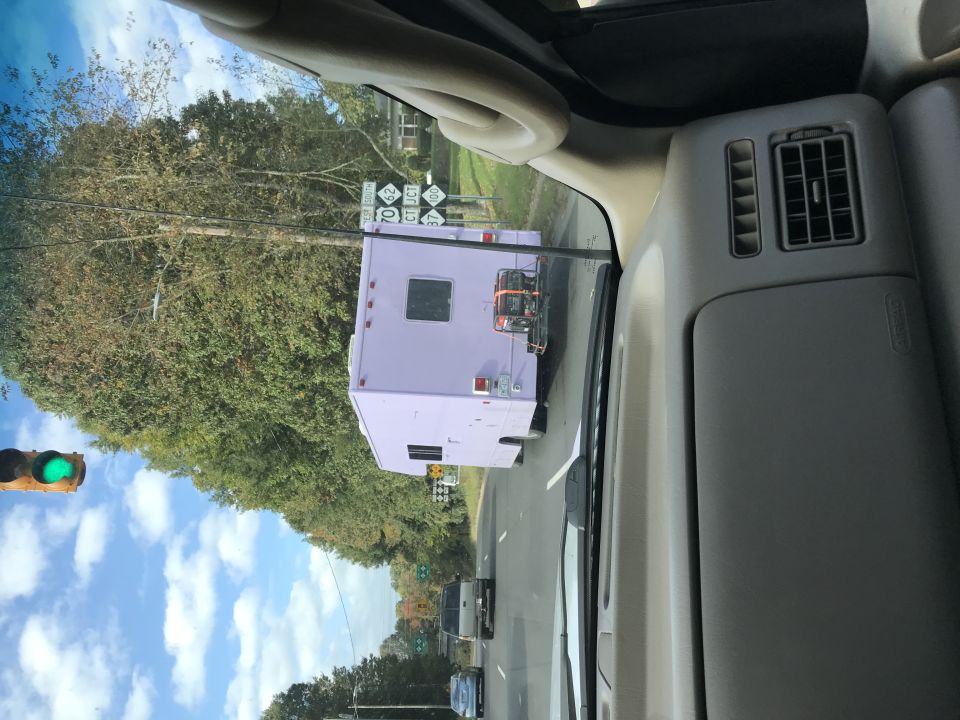 Light purple RV with a generator rack on the back, parked by a road with a green traffic light.