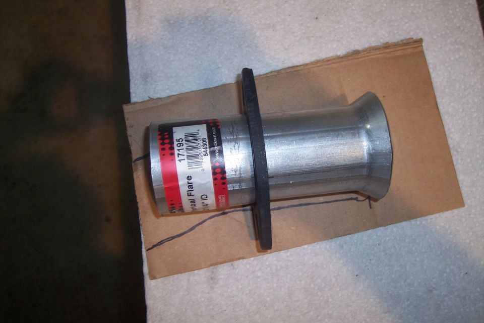 Metal exhaust flare fitting with label showing part number 17195 and size 3 1/4" ID.