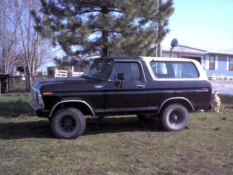 1979 Ford Bronco - A side view of a black Ford Bronco with a white removable top, parked outdoors on a grassy area.
