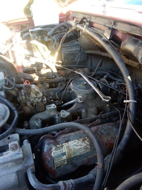 1994 Ford Bronco - Engine bay with tools laid out on the engine. Some text is visible on a label.