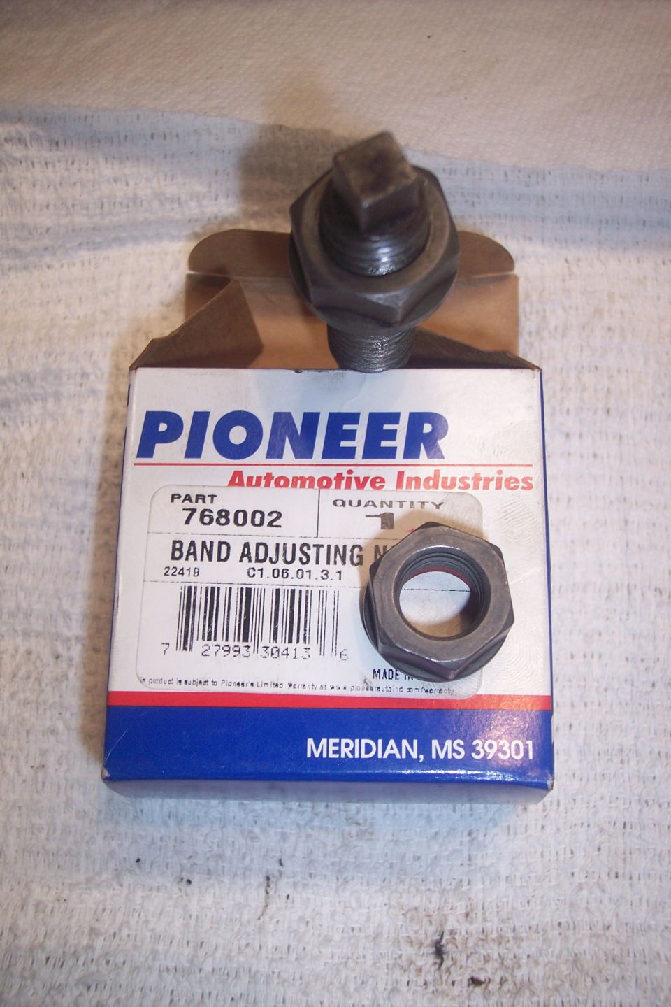 Pioneer Automotive Industries band adjusting nut and bolt with product box.