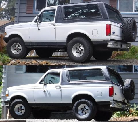 1992 Ford Bronco - Modified vs stock spare tire position, about 4" lower and 2" to the right.