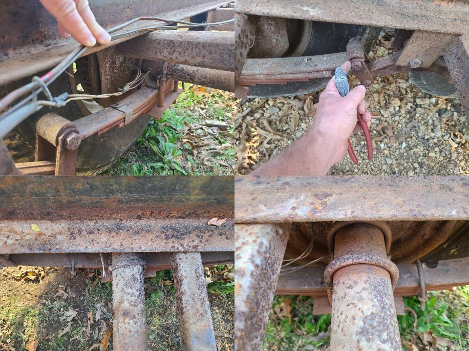 Wiring is bad, and the trailer brakes never responded to my controller; RHF brake is open-circuit; suspension bushings are loose; the front axle's U-bolts are loose enough to move by hand, and they're all pretty rusty.
IF THE IMAGE IS TOO SMALL, click it.