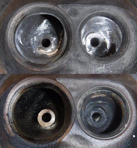 1992 Ford Bronco - Intake/exhaust bowls, before and not-quite-after porting. Most notable is how needlessly thick the valve guides are, and how restricted the…