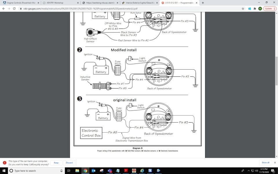 Screenshot of speedometer wiring diagram showing sensor, battery, fuse block and pin connections to gauge