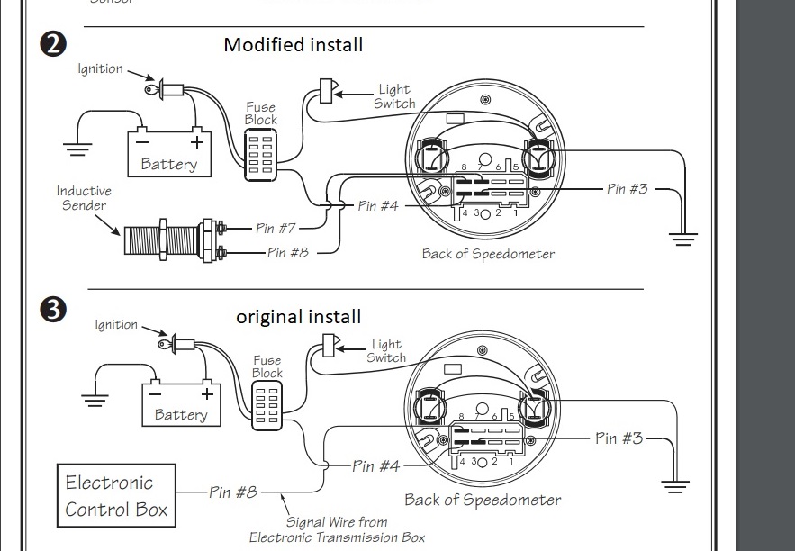Speedometer wiring diagram comparing modified and original install with battery, fuse block and pin labels