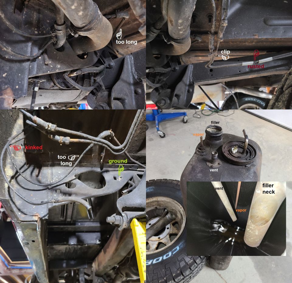There have been persistent fuel leaks around the LHR tire, apparently from the rusted vapor tubes, but also recently from the sender O-ring. So the whole thing came out for cleaning & repair.
IF THE IMAGE IS TOO SMALL, click it.