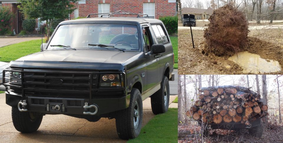 The completed bumper has stood up better than I expected. It's strong enough for a double-line pull at full-stall on the 12,000 lb winch with 2 batteries & the alternator pushing current through it; and the grill guard won't bend knocking trees down, or hauling them stacked higher than the hood.
IF THE IMAGE IS TOO SMALL, click it.