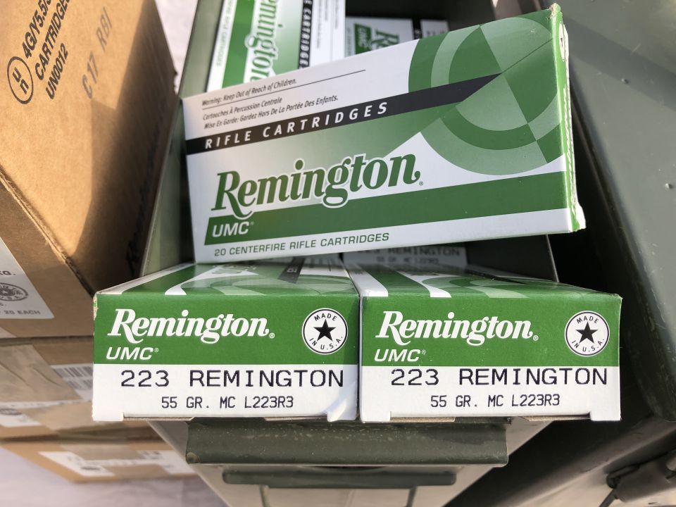 Boxes of Remington UMC 223 Remington rifle cartridges stacked up