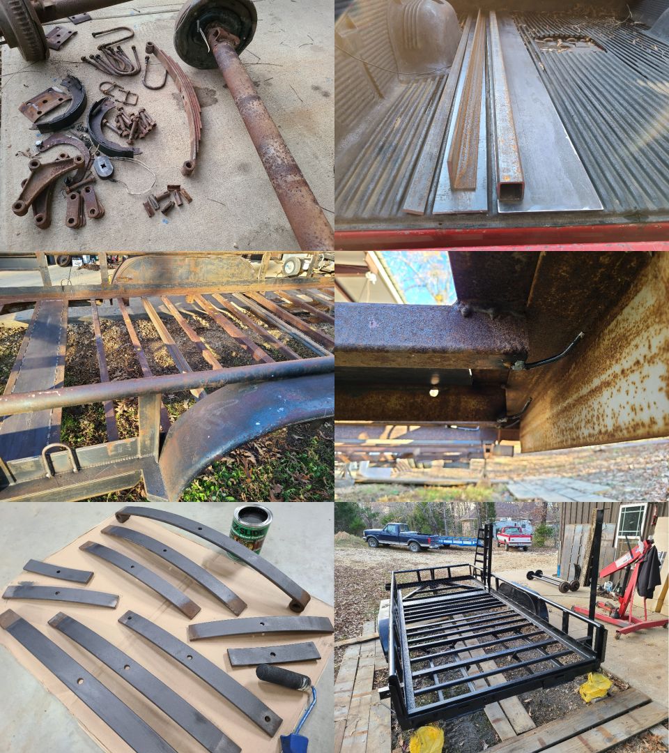 The suspension had to come down for new suspension links, bolts, & bushing; and the frame needed 2 more joists, and a plate where the deck boards will be jointed. Wiring supports were also added, as were some new holes. After a few pressure-washings, a gallon of [url=https://www.amazon.com/dp/B000ZYKEUW]Rustoleum gloss black[/url] was sprayed on.
IF THE IMAGE IS TOO SMALL, click it.