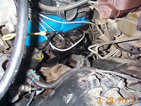 1986 Ford Bronco - Close-up view of engine components and wiring, with a blue part visible.
