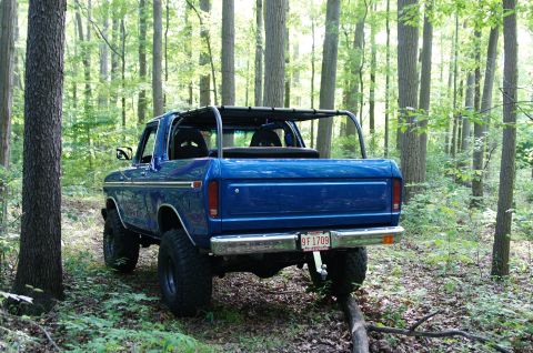 1979 Ford Bronco - A blue SUV with a roll cage is parked in a forest, viewed from the rear.