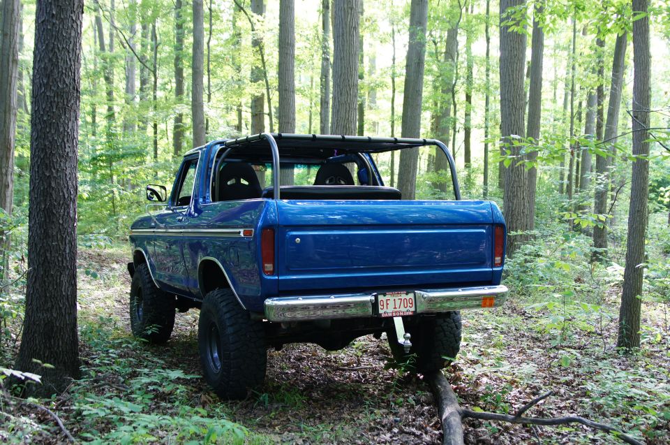 Blue SUV with roll cage parked in a forest, rear view. License plate reads 9F 1709