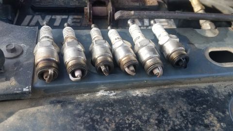 1985 Ford Bronco - A set of six spark plugs, likely removed from an engine for inspection or replacement.