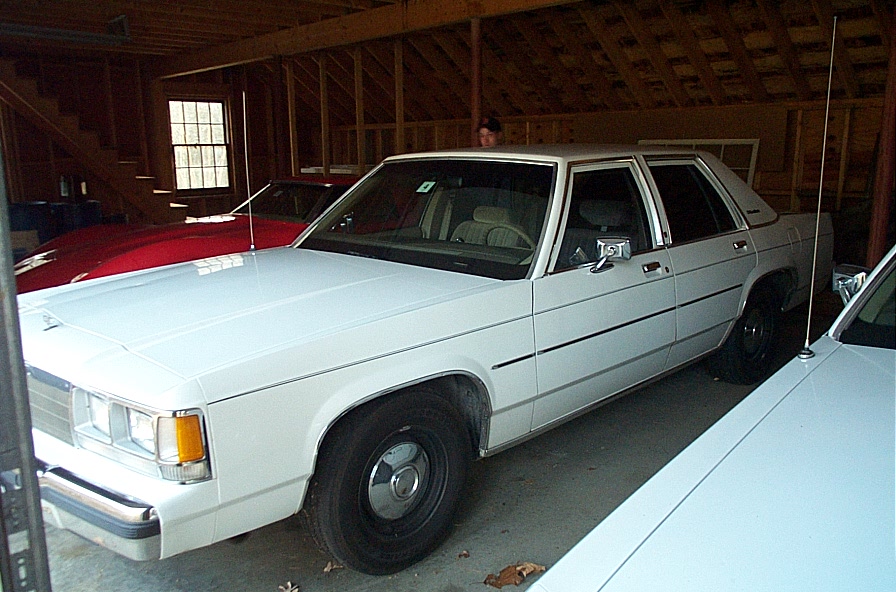 white sedan parked in garage next to a red car and another white car