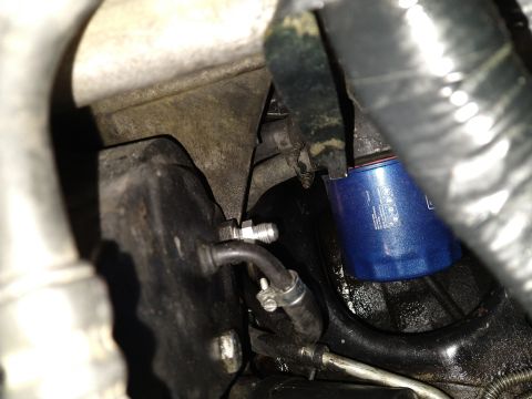 1996 Ford Bronco - A close-up view of engine components, including a blue oil filter and various hoses.