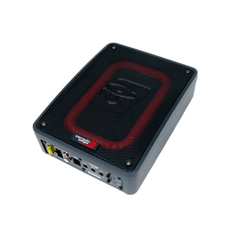 1996 Ford Bronco - A compact car amplifier with a black mesh grille and a red illuminated accent ring.