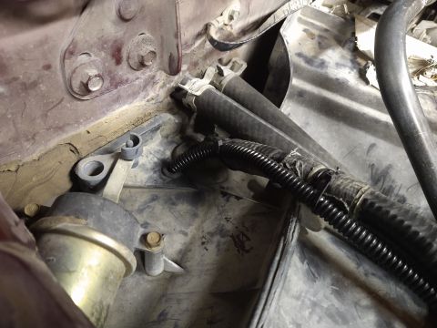 1996 Ford Bronco - Close-up view of engine bay components, including hoses and wiring, with visible dust and wear.