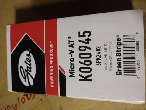 1996 Ford Bronco - Gates Micro-V belt box shows part number K060945 and belt size 6PK2402.