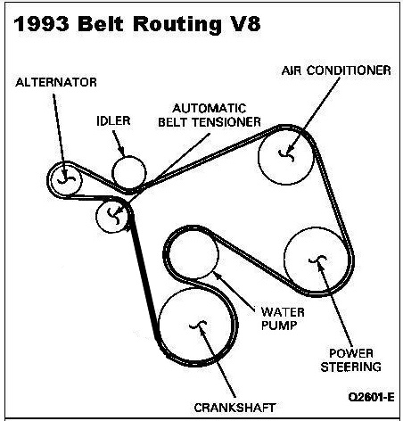 1996 Ford Bronco - Serpentine belt routing schematic for a 1993 V8 showing alternator, idler, tensioner, AC, power steering, water pump and crank.