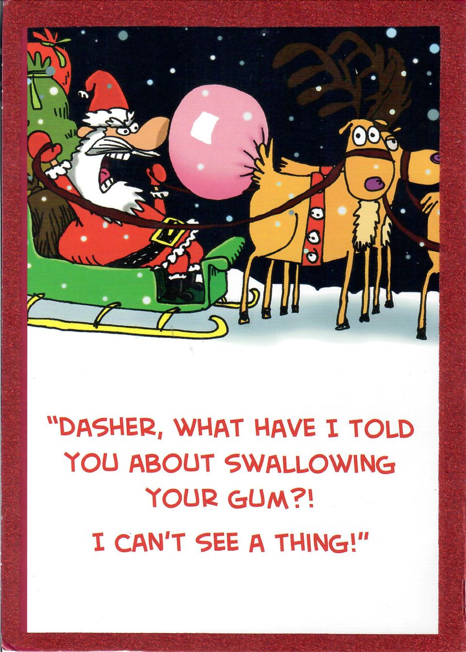 Santa in sleigh with reindeer, one is blowing a giant pink bubblegum bubble