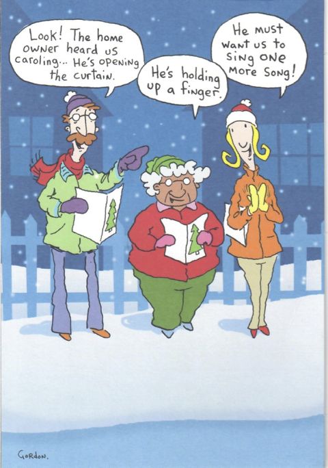 1975 Ford Ranchero - Three cartoon carolers stand in the snow, singing songs and interacting with a home owner.