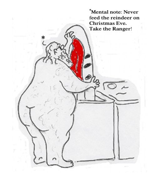 1975 Ford Ranchero - A humorous cartoon depicts Santa Claus inside a washing machine, with a note about reindeer and a Ranger.