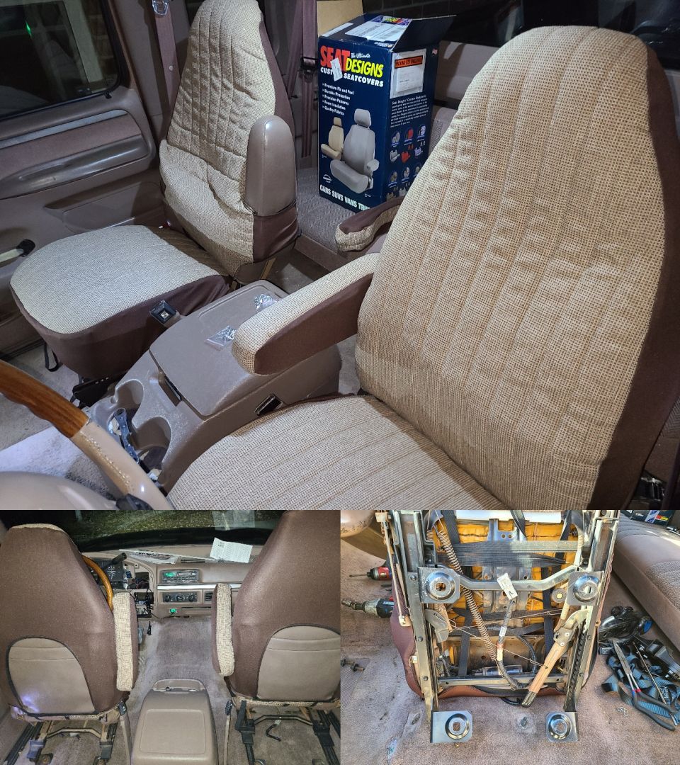 The leather was only getting worse, so I found [url=https://www.rockauto.com/en/parts/dash designs,K060060T,seat cover,1316]these covers (DashDesigns Tweed Brown K060060TBN)[/url] for ~$124 plus $12sh & tax that are more-similar to the original upholstery IRL than they look in this pic. They're fitted better than I expected, but to get the bottom sections really tight, it was necessary to unbolt the chairs.

UPDATE: Approaching 3 years later, they're still tight, comfortable, clean, and fitted; without any adjustments.