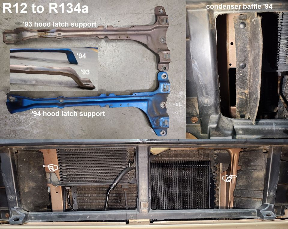 Comparison of '93 and '94 hood latch supports and condenser baffle